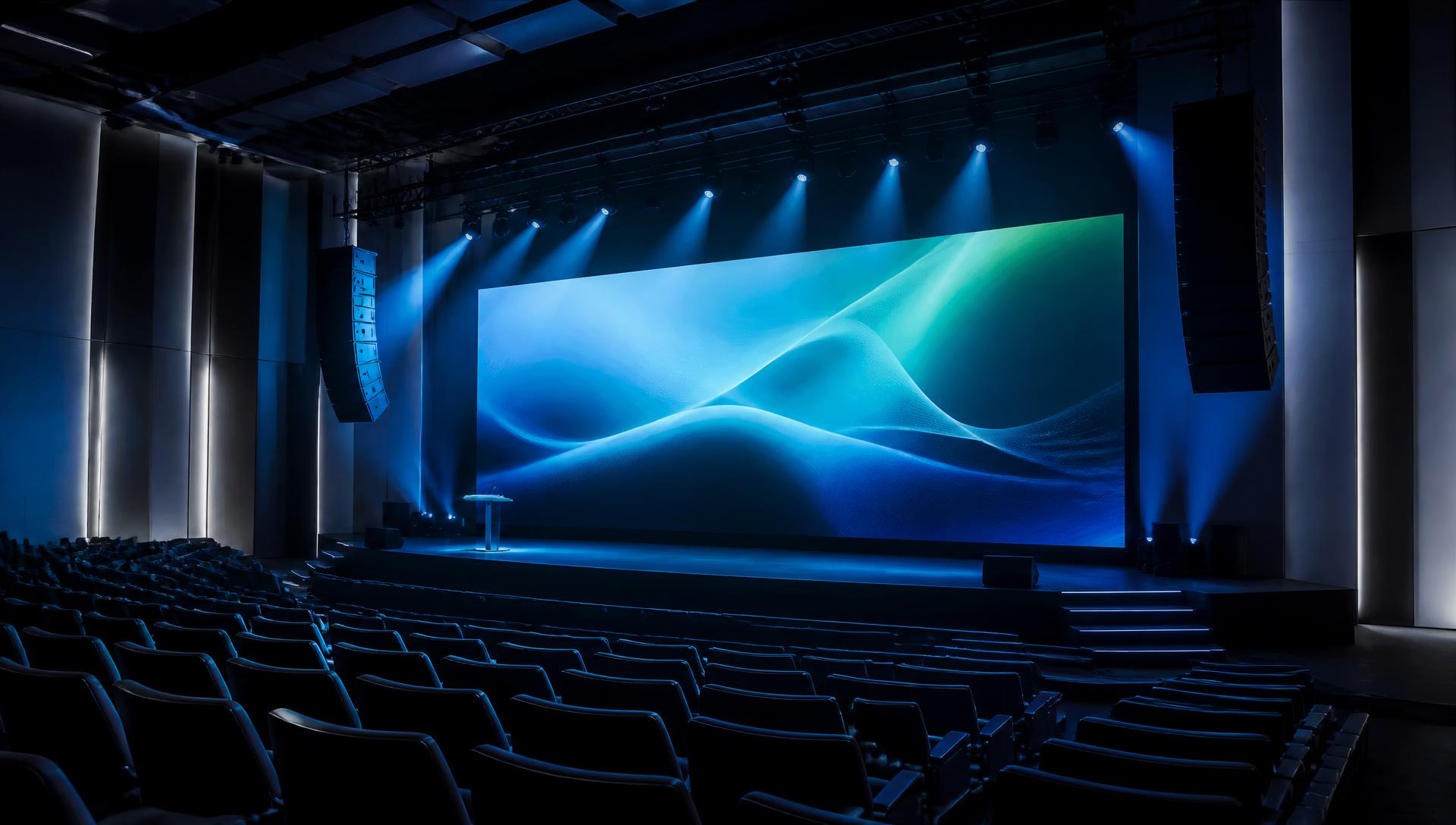Professional auditorium with LED video wall, line-array audio and stage lighting